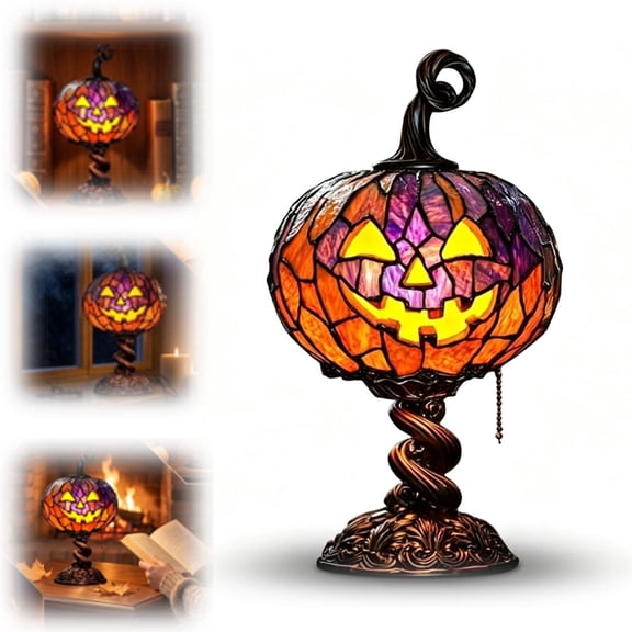 Zlinib Stained Glass Jack-O-Lantern Pumpkin Lamp, USB Twinkling Halloween Desk Light