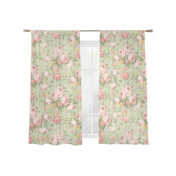 Retro Flowers Sheer Curtains 63 Inch Long 2 Panels, Watercolor Camellia Pink Illustration Light Filtering Rod Pocket Semi Sheer Curtains, Sheer Voile Drapes for Living Room Bedroom, 52"x63"