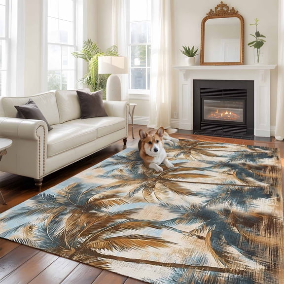6'x9' Area Rugs, Navy Blue Brown Palm Tree Indoor Outdoor Area Rug for Living Room Bedroom, Tropical Leaves Vintage Washable Bathroom Rugs Kitchen Floor Carpet Mats Home Decor Aesthetic