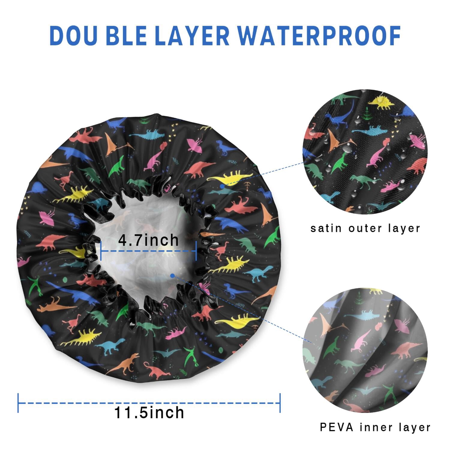 Shower Caps,Colorful Dinosaurs Silhouettes Pattern Waterproof Shower Cap for Women 4 Pieces,Double Reusable Hair Cover for Shower PEVA Elastic Stretch Hem