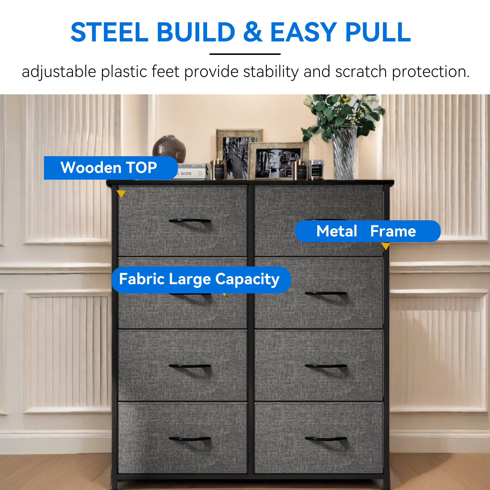 Uforic 8-Drawer Fabric Dresser for Adults & Teens, Storage Chest for Bedroom or Living Room, Gray