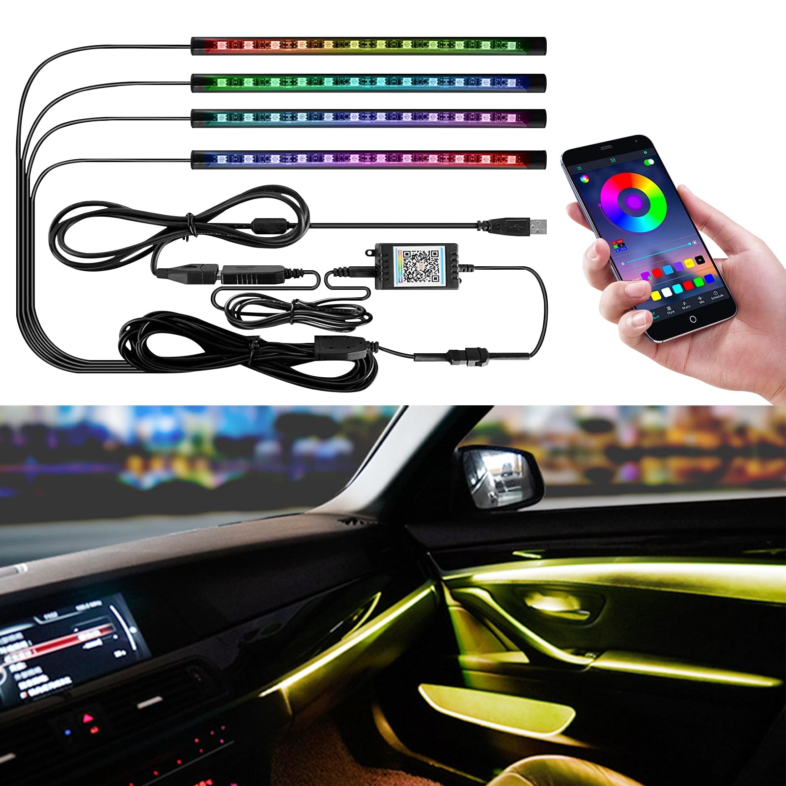 Winzwon Car Led Lights Interior 4 Pcs 48 Led Strip Light for Car with USB  Port APP Control for 