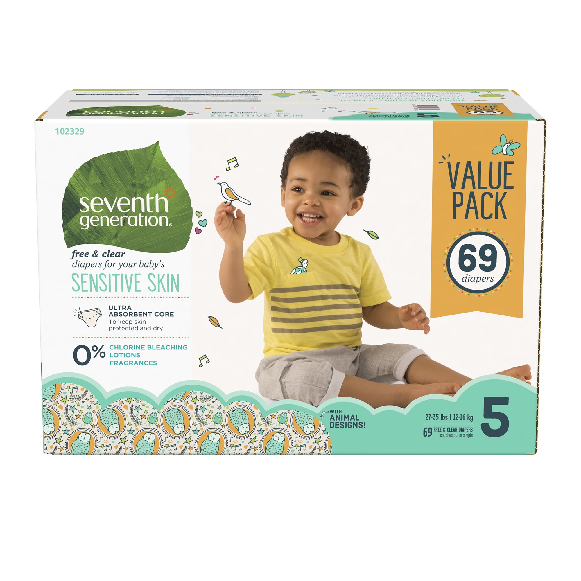 Seventh generation free clear baby diapers with animal prints size 5