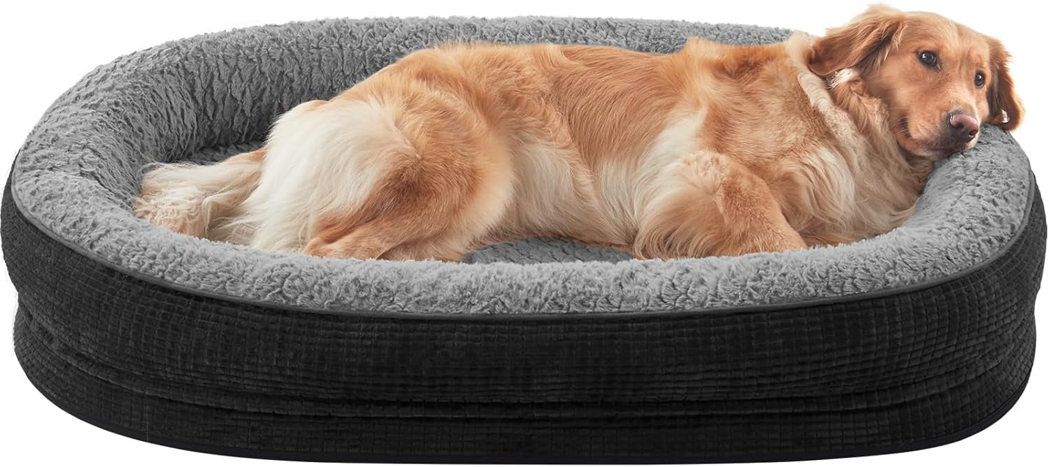 Orthopedic Dog Beds Large Sized Dog, XL Egg-Crate Memory Foam Pet Couch Bed with Bolster Sides, Waterproof Lining, Removable Washable Cover & Non-Slip Bottom, Light Grey