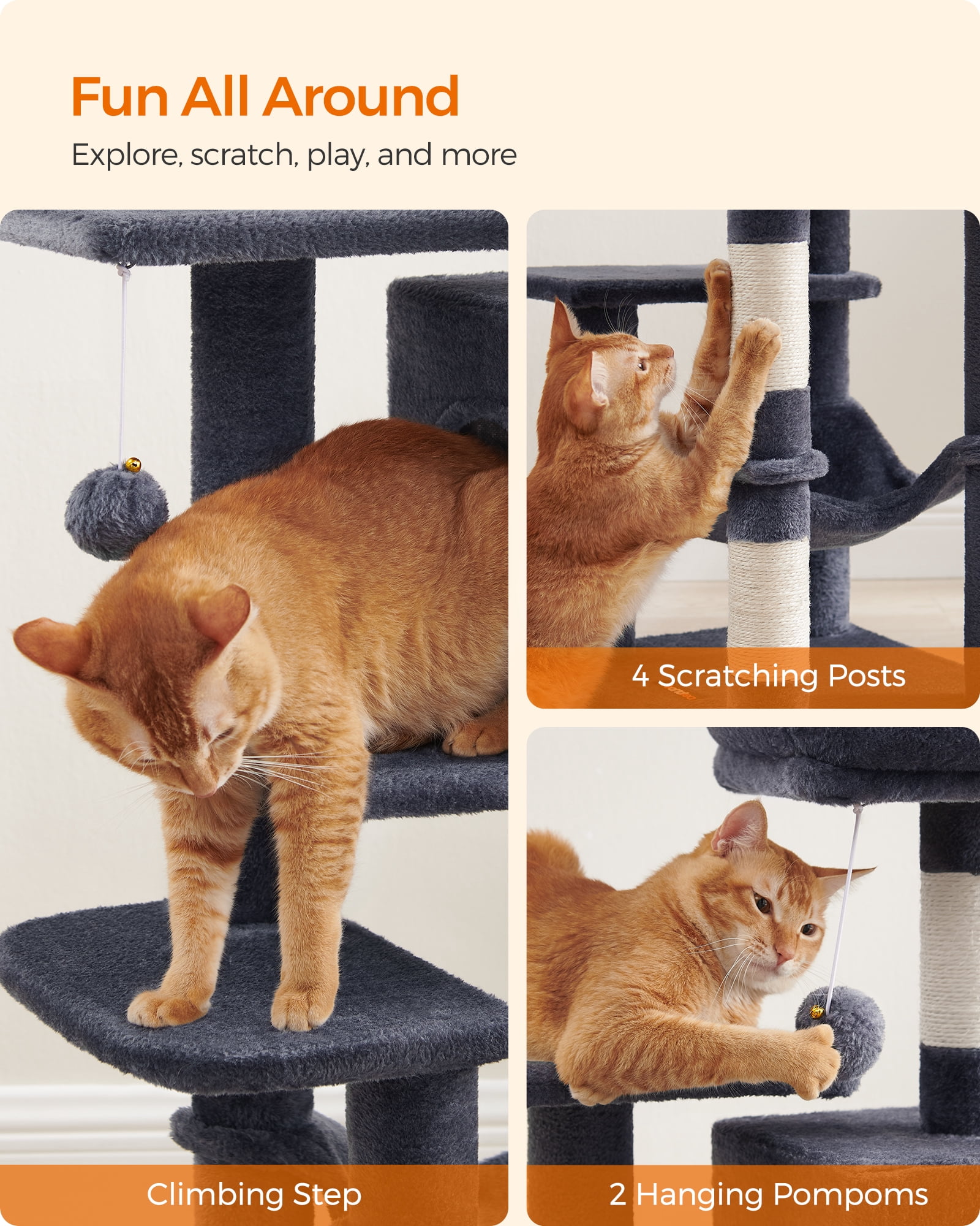 44.1'' Cat Tree Tower for Indoor Cats ,Multi-Level Cat Condo Cat Furniture with Scratching Posts,Smoky Gray