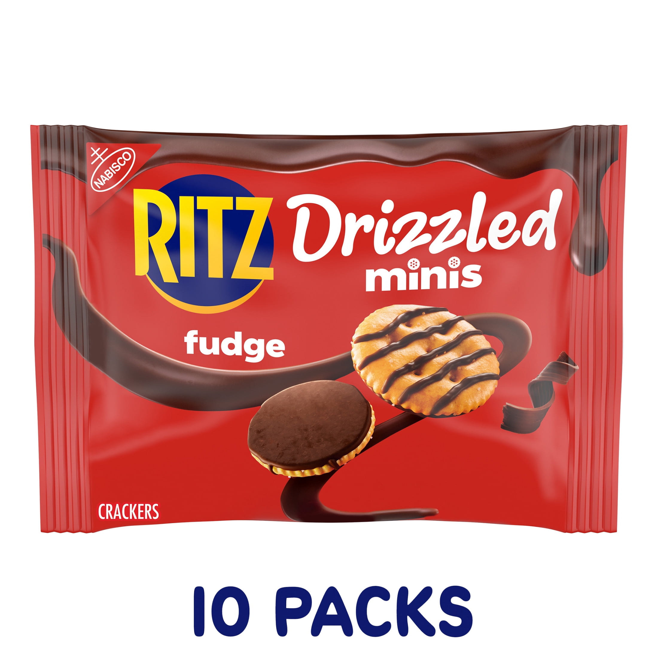 RITZ Drizzled Minis Fudge Crackers, Bulk Lunch Snacks for Kids and Adults, 10 - 0.9 oz Snack Packs