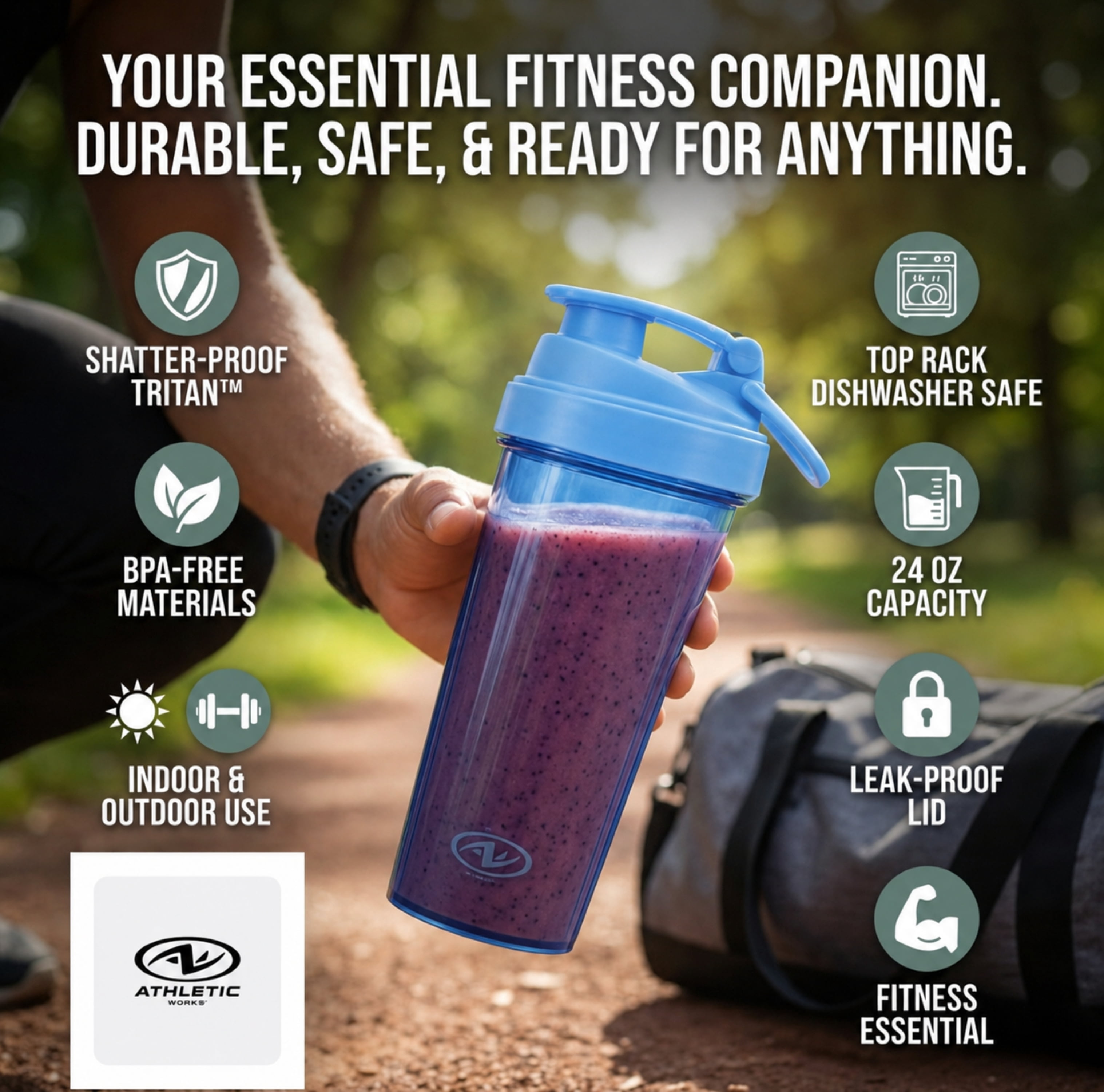 Athletic Works 24 oz Blue Tinted Fitness Shaker Bottle