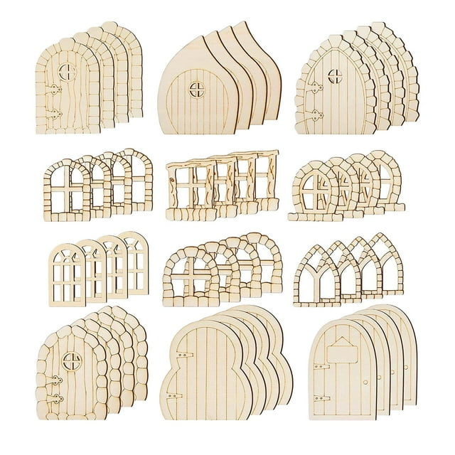 48 piezas Mini puertas y ventanas de hadas DIY Puerta de hadas en blanco Miniatura sin terminar Estilo retro