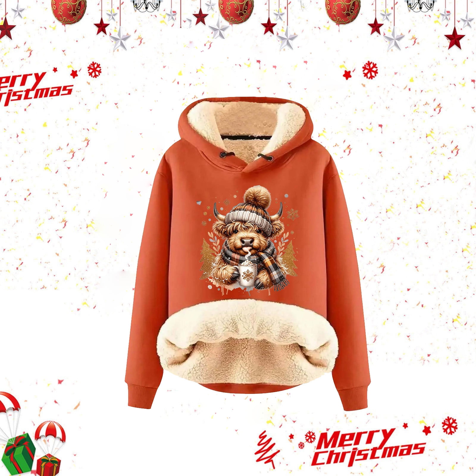 Ladies' Christmas Cowprint Lamb Hoodie Coat plus Size Jacket Long