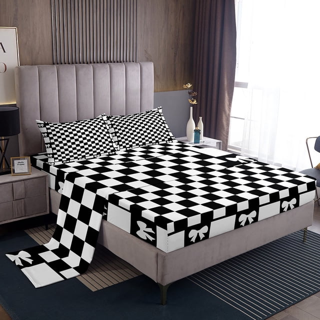 Erosebridal Checkered Bed Sheets Set Full Size, Square Geometry Sheet Set Full, Princess Bowknot Full Sheet Sets, Microfiber Room Decor, 4-Piece