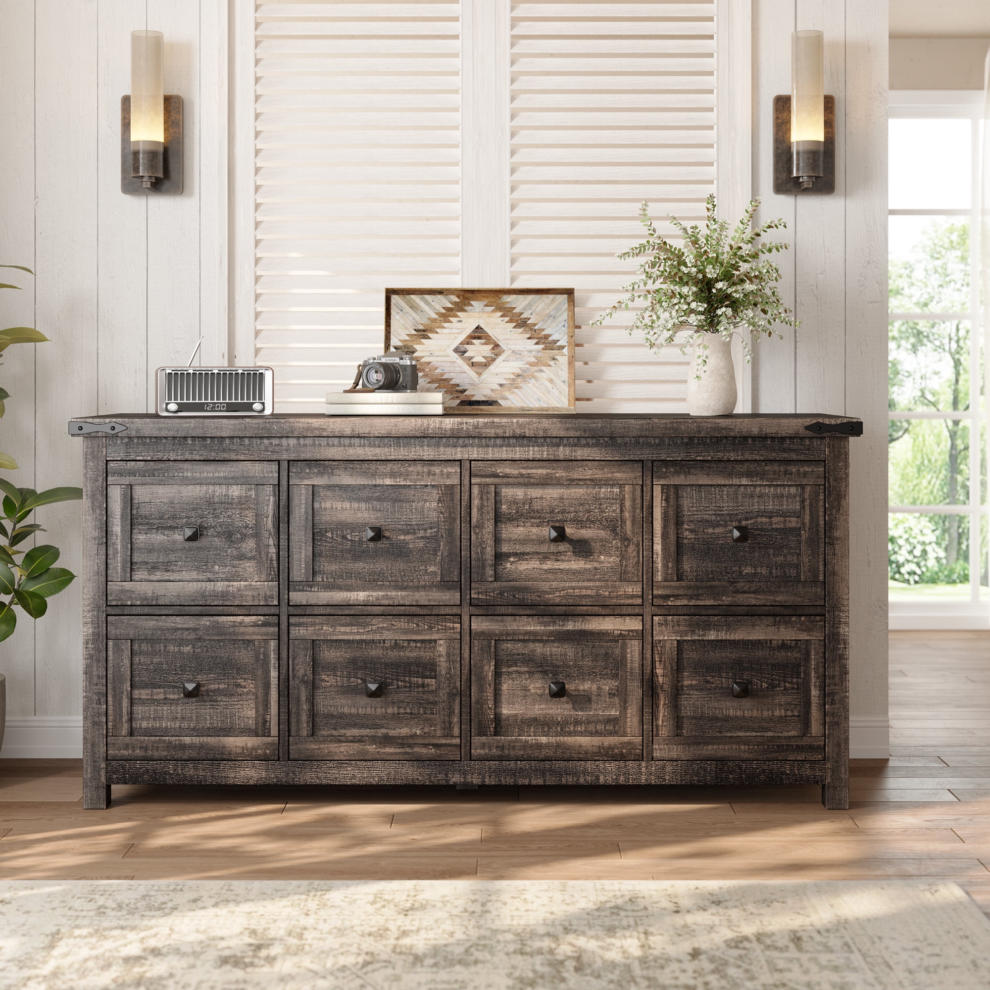 EnHomee Dresser for Bedroom Wooden Dresser TV Stand Farmhouse Dresser with 8 Drawers, Dark Rustic Oak