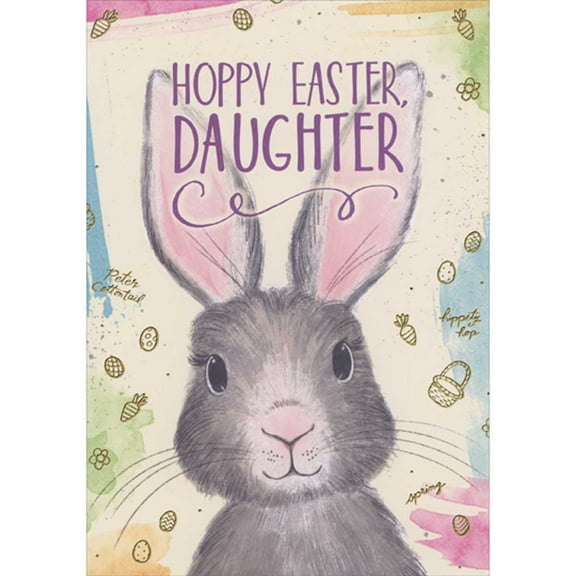 Designer Greetings Hoppy Easter: Gray Rabbit Closeup, Gold Foil Eggs and Carrots Juvenile Easter Card for Young Daughter