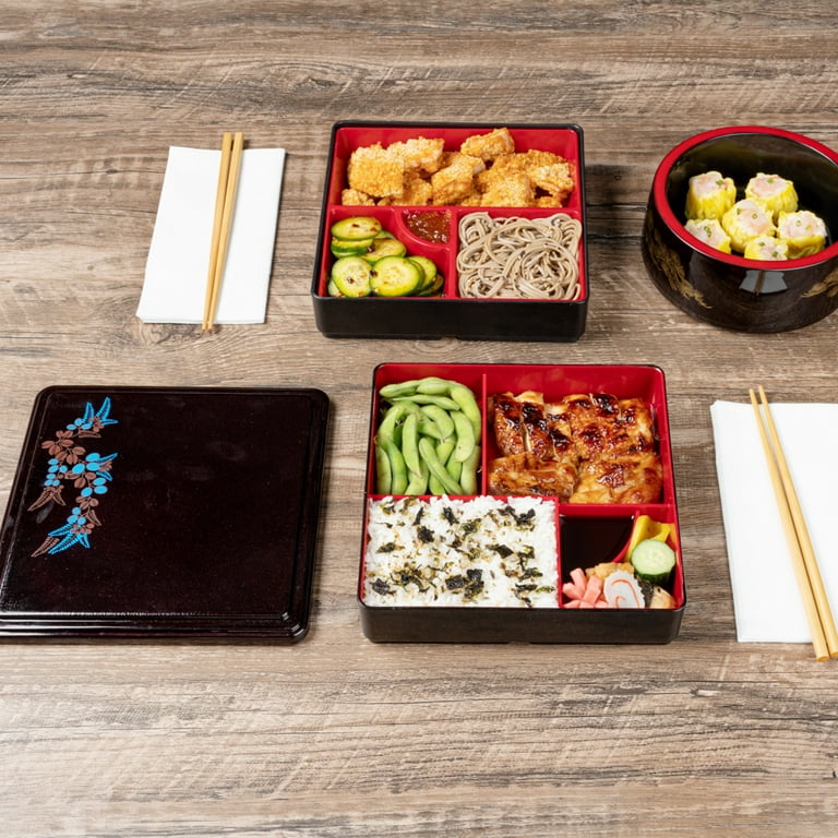 Bento Tek Square Black and Red Japanese Style Bento Box - 4 Compartments - 10 inch x 10 inch x 2 1/4 inch - 1 Count Box