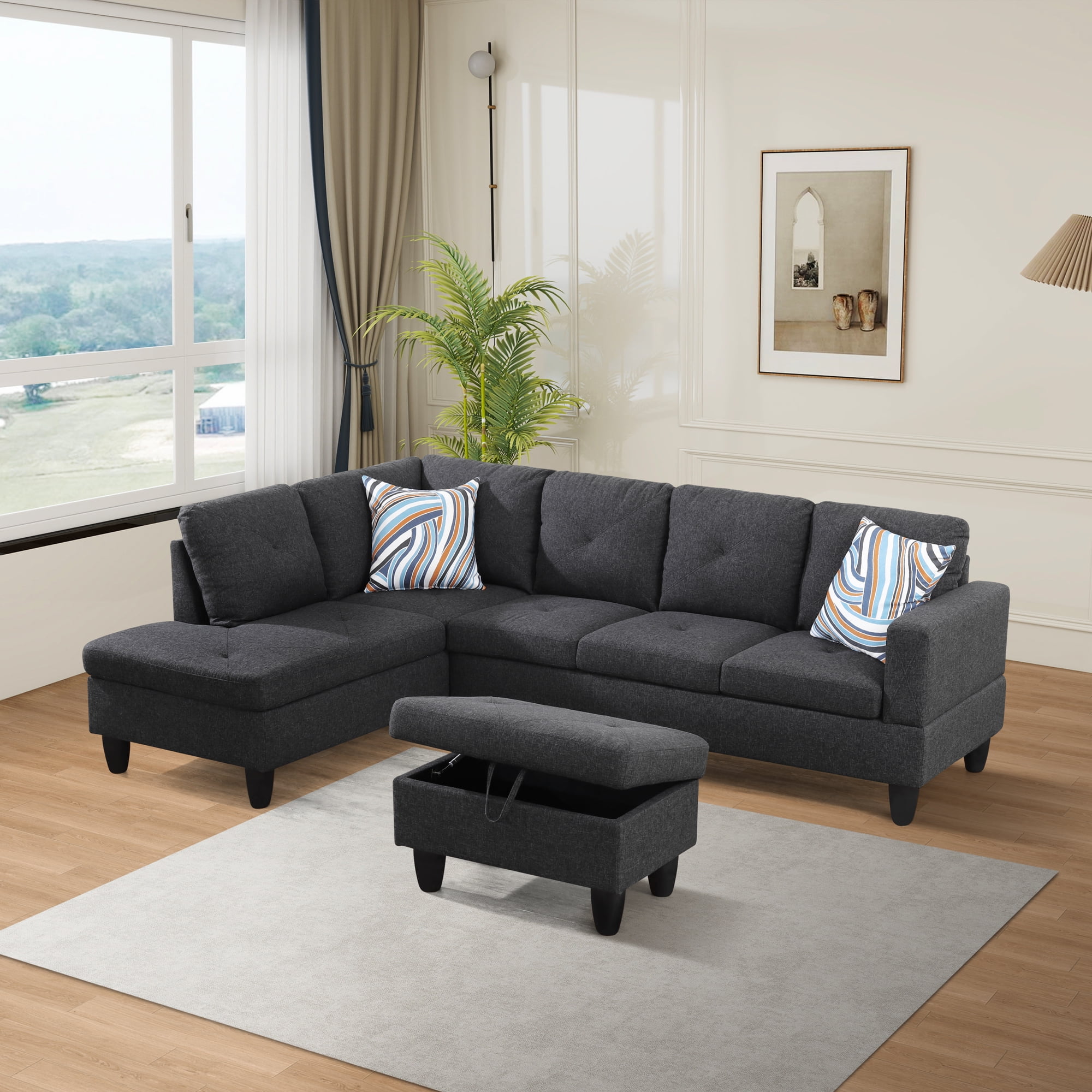 Prilinex L Shaped Couch Sectional Couches with Chaise and Storage Ottoman, 3 Pieces Modern Linen Sofa for Living Room Furniture Sets and Small Apartment ,Dark gray