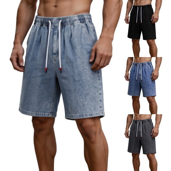 Nmnitkp Jean Shorts Men's Elastic Waist Denim Shorts Drawstring Relaxed Straight Leg Summer Casual Jean Shorts Light Blue,L