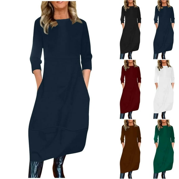 Ashirexll Long Sleeve Maxi Dress, Womens Fall Dresses, Women's Fashion Casual Solid Color Long Sleeve Round Dress