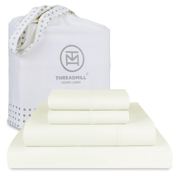 Threadmill Cotton Queen Sheet Set | 100% Cotton Sheets for Queen Size Bed | Solid Sateen Queen Bed Sheets Set with 16” Deep Pocket | Soft Breathable 4-Piece Cooling Bedding Sheet Set | Ivory