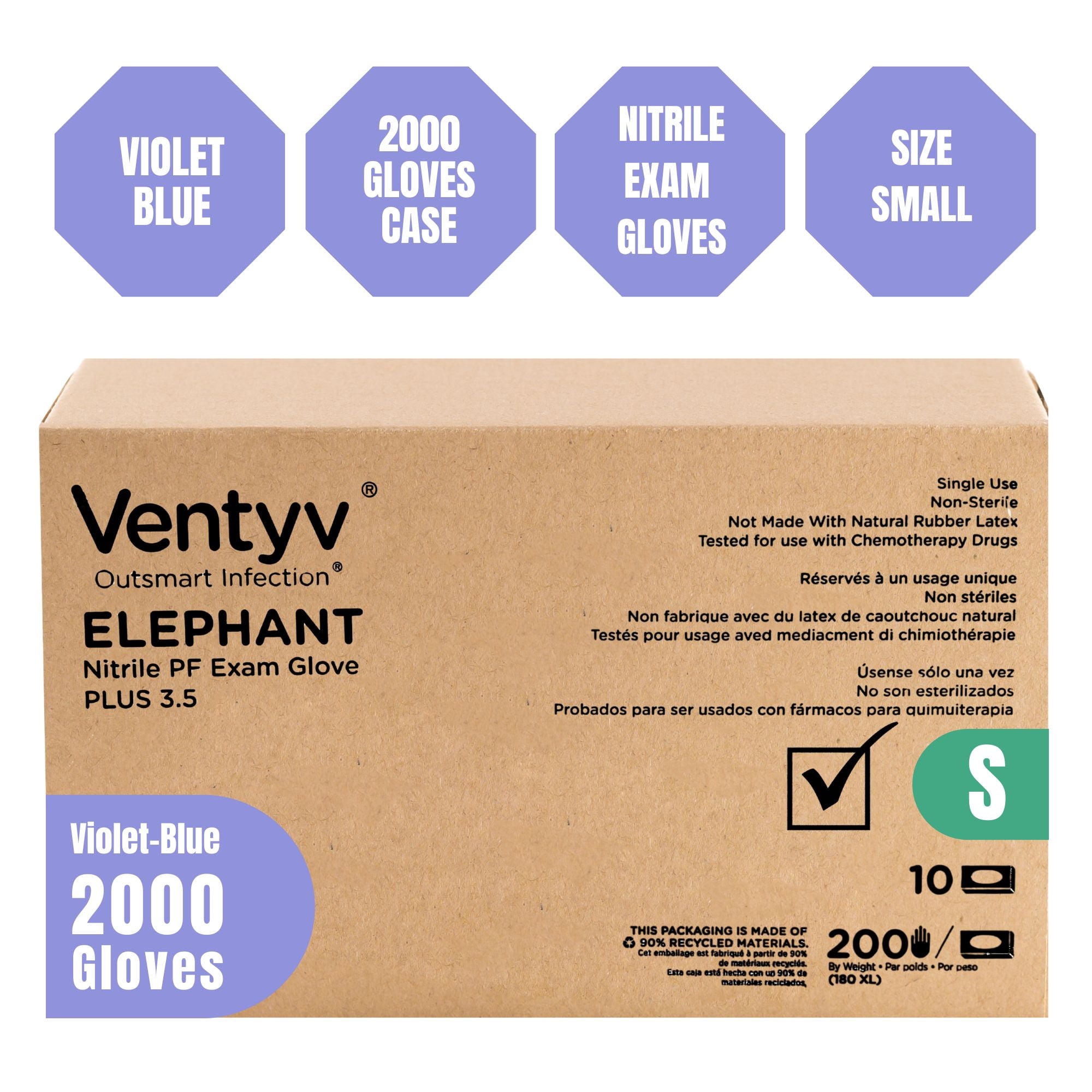 Ventyv Nitrile Exam Gloves – Violet Blue, 3.5 mil, Small – Latex-Free, Powder-Free – 2000 Gloves (10 Boxes of 200)