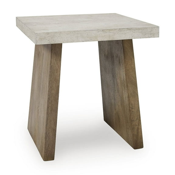 Signature Design by Ashley Brendalhouse Contemporary Square End Table - Faux Cement Top with Mango Wood Base, Light Brown