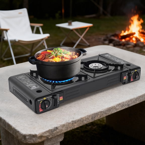 Portable Camping Stove, Camping Stove with Baking Tray&Portable Case, 2 Burners Camping Stove