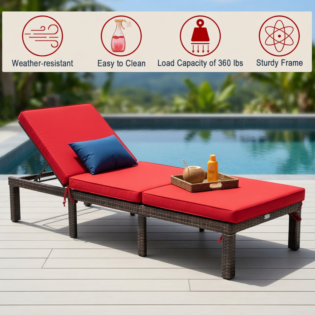 Hommoo Adjustable Outdoor Rattan Chaise Lounge Chair with Removable Cushion & PE Rattan, Perfect for Patio, Poolside & Garden, Red