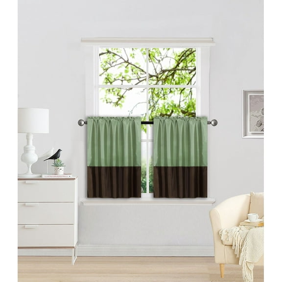 1 SET ANY CURTAIN SEMI SHEER ROD POCKET PANEL 2 TONE SOLID COLORS SAGE / BROWN CAN SEE THRU TREATMENT WINDOW KITCHEN, BATHROOM SIZE 30" WIDE X 36" LENGTH