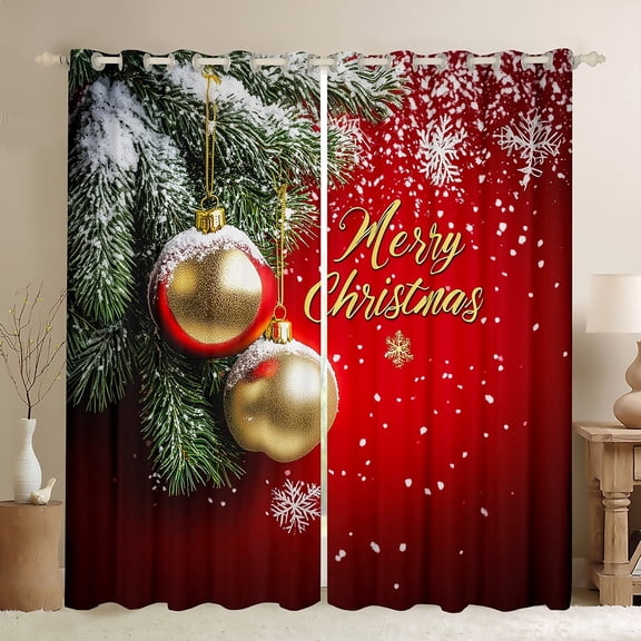 jejeloiu Merry Christmas Black Out Curtains,Gold Xmas Ball Curtains Pack of 2 (42x63 Each),White Winter Snowflake Bedroom Curtains For Men Women,Super Cozy Room Decor