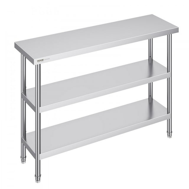 Table de Préparation Alimentaire en Acier Inoxydable, 14 x 48 x 34 Pouces Table de Travail Commerciale de Cuisine, avec 2 Étagères Réglables, Table de Préparation Robuste en Métal pour Barbecue, Cuisine, Maison et Garage