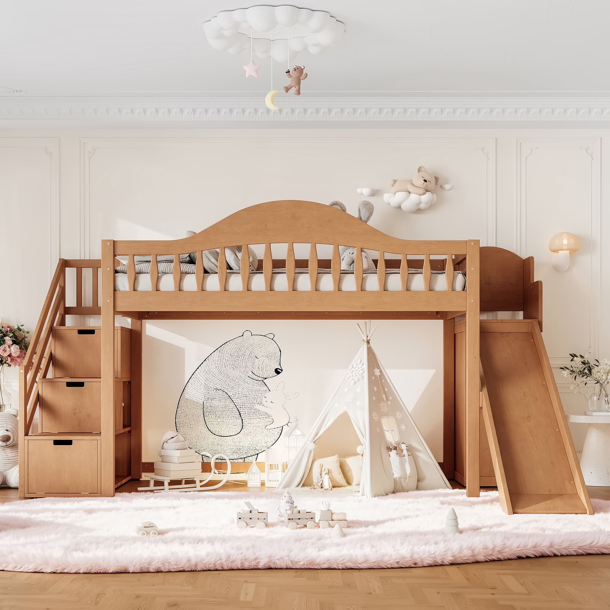 Leumius Twin Loft Bed with Storage Stairs, Slide & Built-in Wardrobe, Stylish High Guardrail, Wood Loft Bed Frame for Bedroom,Dorms,Guests Walnut