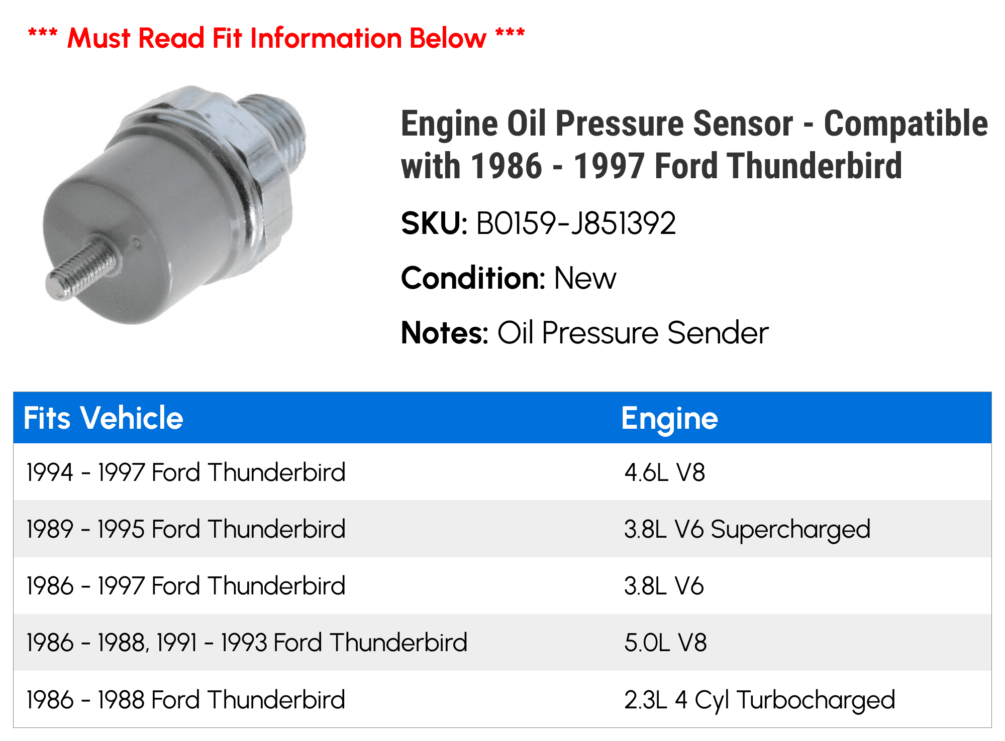 Engine Oil Pressure Sensor - Compatible with 1986 - 1997 Ford Thunderbird 1987 1988 1989 1990 1991 1992 1993 1994 1995 1996