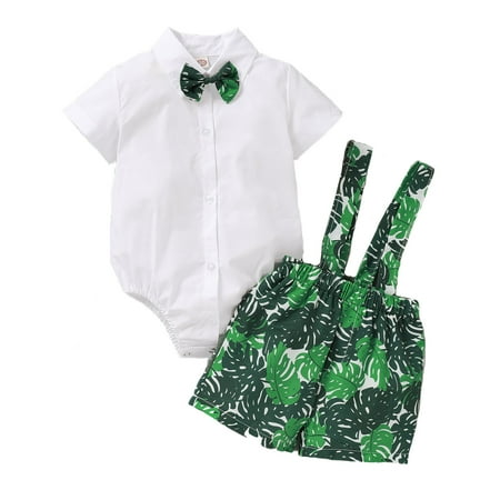 

Kucnuzki 6 Months Baby Boy Summer Outfits Shorts Sets 9 Months Short Sleeve Solid Color Gentle Lapel Romper Tops Suspender Leaf Prints Cozy Shorts 2PCS Set White