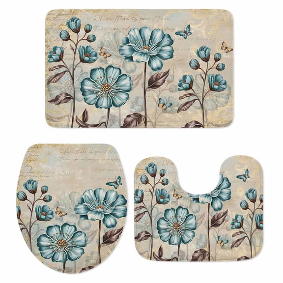 Rustic Flowers Bathroom Rugs Set Spring Teal Tulip Butterfly Vintage Floral Old Newspaper Texture Non Slip Soft Bath Mats 3 Piece Set Bathroom Rug, U-Shaped Floor Mat, Toilet Seat Cover Small Size