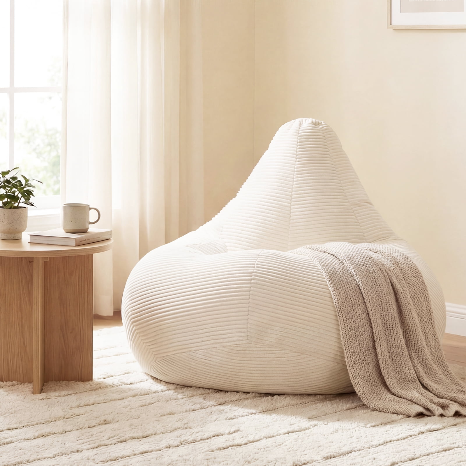 Costway Bean Bag Chair for Adults with Skin-friendly Corduroy Cover & Soft Sponge Filling Beige