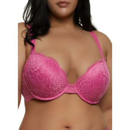 Womens Plus Size Floral Lace Caged Back Plunge Bra