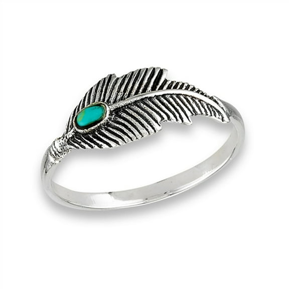 Simulated Turquoise Oxidized Feather Ring .925 Sterling Silver Tree Leaf Band Blue CZ Female Size 7