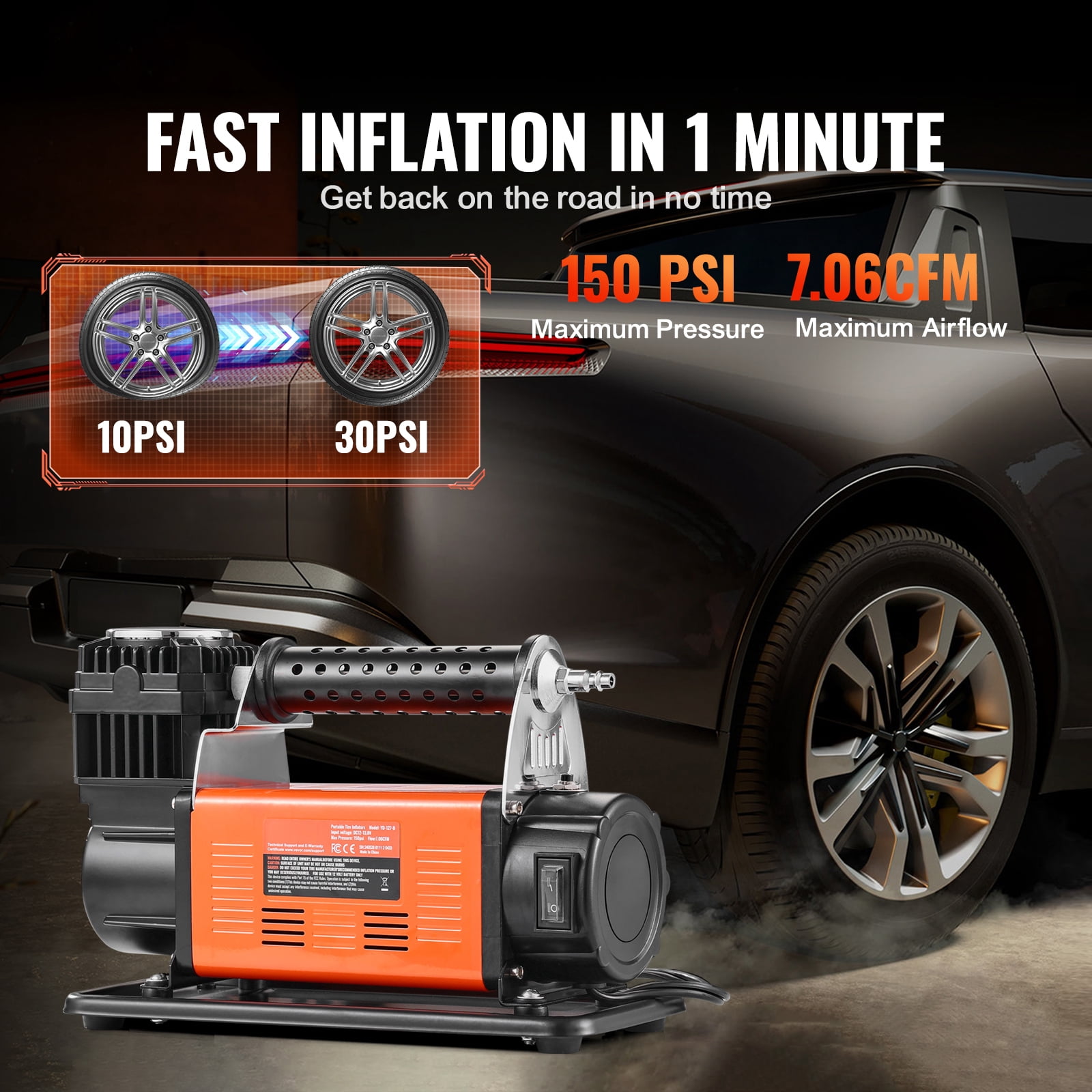 KFFKFF 12V Heavy Duty Air Compressor, 7.06CFM Robust Air Pressure Device, 150PSI Wilderness Air Pump with Connectors for Automobile SUV RV Truck - Comes with 6.5FT Power Cable, 26FT Air Tube