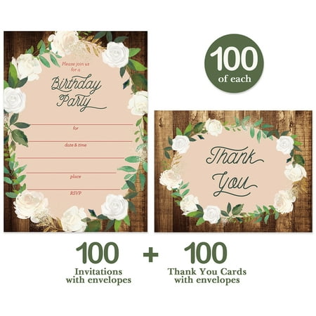 Birthday Invitations & Matching Thank You Notes ( 100 of Each ) Envelopes Included, Large Gathering Event Country Design Fill-in Invites & Thank You Cards Church Office Birthday Best Value Set