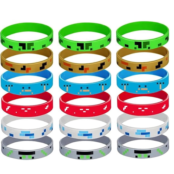 Januofit  Pixel Miner Silicone Wristbands Bracelet- 18-Pack Assorted Colorful Wristbands for Kids, Themed Party Favors, Holiday Gifts for Boys and Girls (6 Unique Designs)