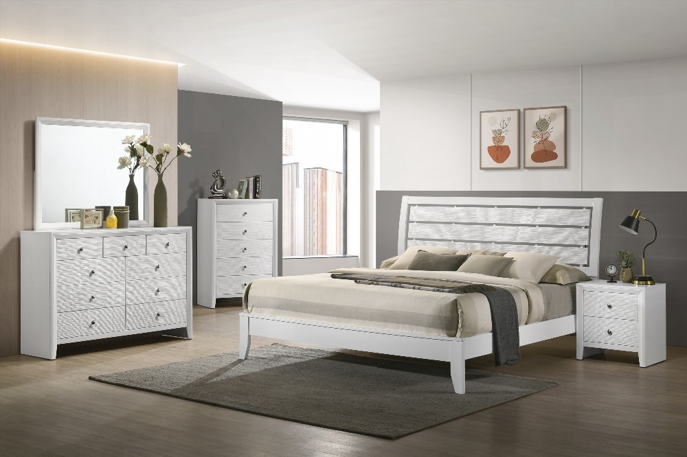 King Size Wooden Platform Bed Frame with Geometric Design, White Finish, for Bedroom