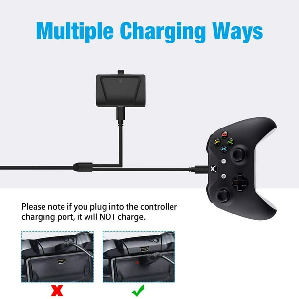 Batterie pour manette Xbox One 1400 mAh avec câble de charge micro USB 3 en  1 et LED, kit de lecture et de charge pour manette sans fil Xbox One/One S/ One X/Elite 
