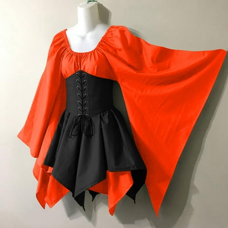 LEBONYARD Womens Clearance Dresses Vintage Gothic Dresses for Women Plus Size Women Costumes Gothic Sleeve Corset Dresses Round-Neck Knee-High Dress Orange XXXL