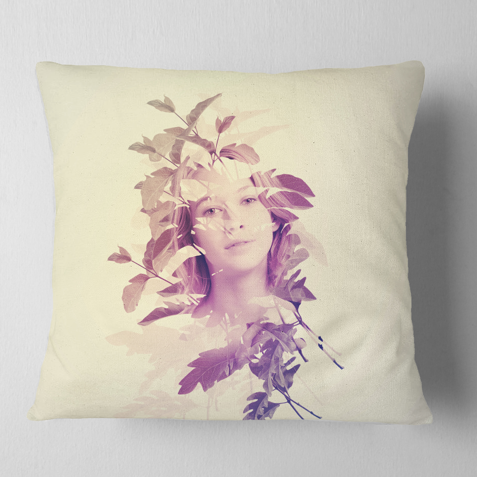 Designart Woman Portrait with Leaves - Portrait Throw Pillow - 16x16