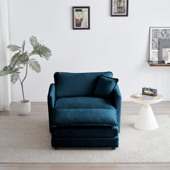 Modern Sofas Modern Accent Chair with Ottoman, Living Room Club Chair Chenille Upholstered Armchair , Reading Chair for Bedroom, Blue Chenille,Rustic Sofas