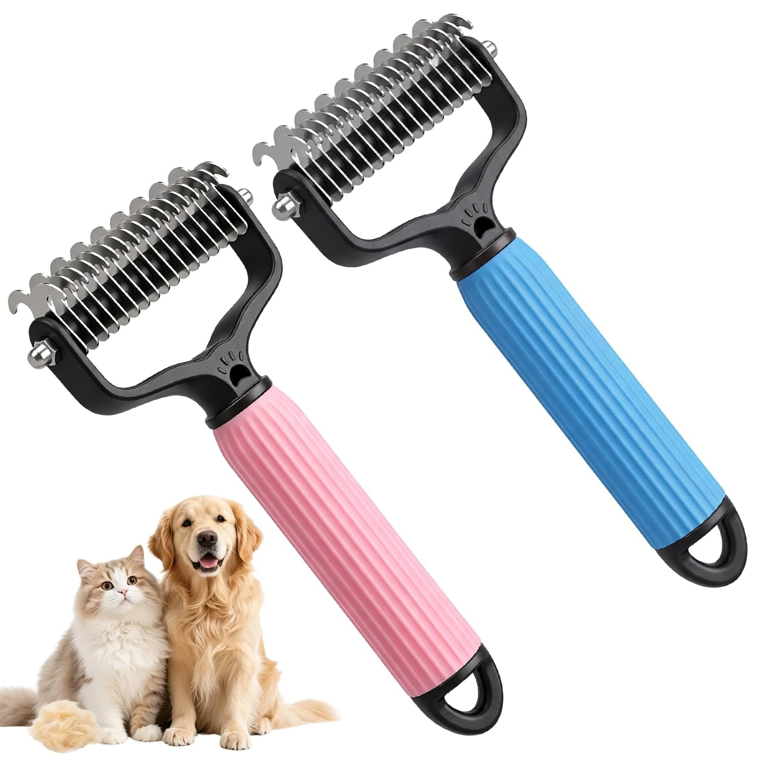 Pet Grooming Brush 2 Pack, Double-Sided Dematting Comb for Dogs Cats, Undercoat Rake for Thick Coats, Removes Tangles Knots Loose Fur, Blue & Pink