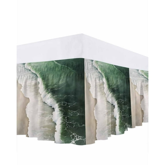 Dark Green Bed Skirt Ocean Wave Beach Scenery Modern Art Bed Skirts King Size 18 Inch Drop, Wrap Around Dust Ruffle Bedskirt with Adjustable Elastic Belt for Queen Size Beds