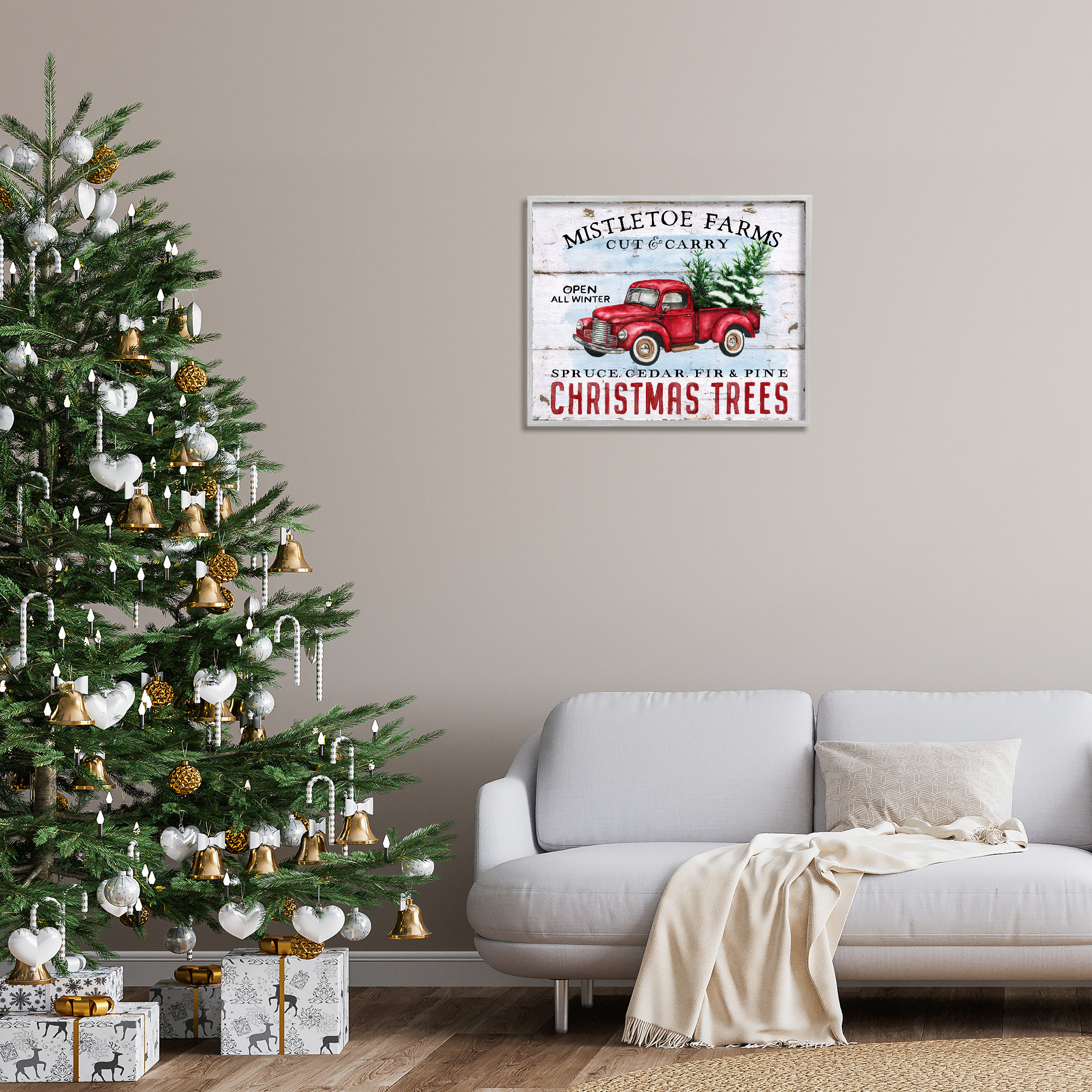 Stupell Industries Mistletoe Farm Trees Holiday Painting Gray Framed Art Prints Wall Art, 30 x 24