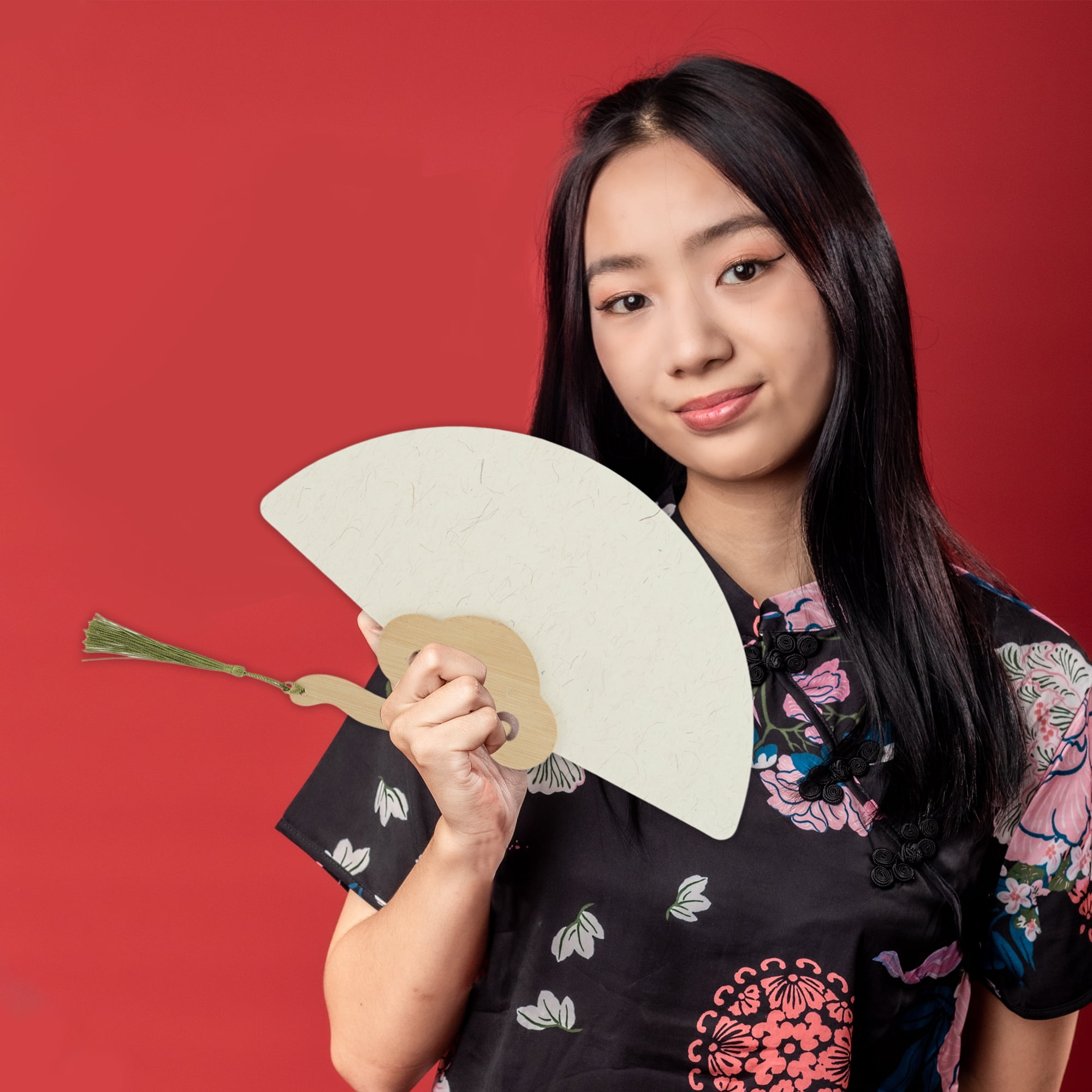 Unique Bargains Folding Fan 1Pc Light Gray, White Short Handle Round-Shaped Paper