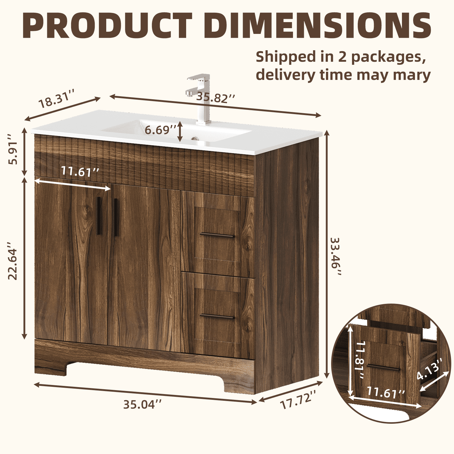 Richryce 36 Inch Bathroom Vanity with Ceramic Sink, Wooden Bathroom Sink Vanity with a Door & 2 Drawers, Freestanding Bathroom Sink Cabinet (Walnut)