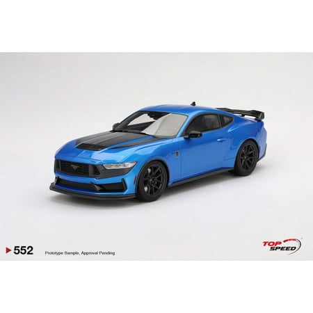 2024 Ford Mustang Dark Horse Grabber Blue Metallic with Black Hood Stripes 1/18 Model Car by Top Speed
