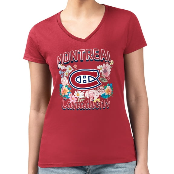 Women's G-III 4Her by Carl Banks Red Montreal Canadiens Super-Slim Fit Lightweight Flower Logo V-Neck T-Shirt